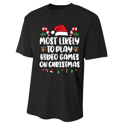 Most Likely To Play Video Games On Christmas Xmas Light Kids Performance Sprint T-Shirt