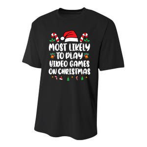 Most Likely To Play Video Games On Christmas Xmas Light Kids Youth Performance Sprint T-Shirt