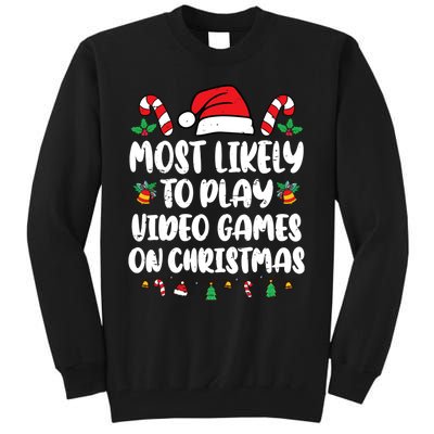 Most Likely To Play Video Games On Christmas Xmas Light Kids Tall Sweatshirt