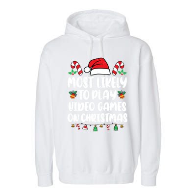 Most Likely To Play Video Games On Christmas Xmas Light Kids Garment-Dyed Fleece Hoodie