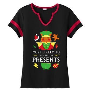 Most Likely To Open All The Presents Funny Christmas Cat Santa Ladies Halftime Notch Neck Tee