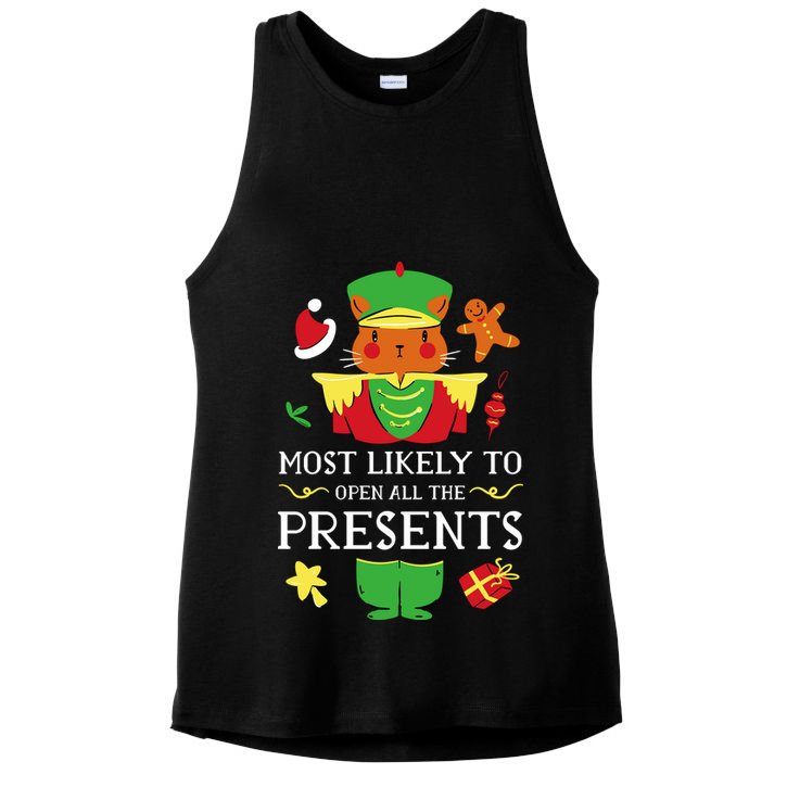 Most Likely To Open All The Presents Funny Christmas Cat Santa Ladies PosiCharge Tri-Blend Wicking Tank