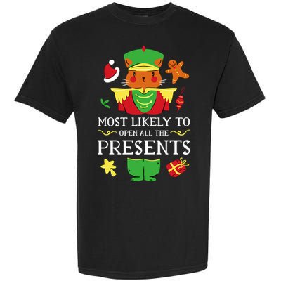 Most Likely To Open All The Presents Funny Christmas Cat Santa Garment-Dyed Heavyweight T-Shirt