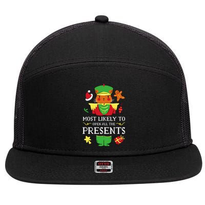 Most Likely To Open All The Presents Funny Christmas Cat Santa 7 Panel Mesh Trucker Snapback Hat