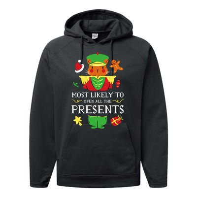 Most Likely To Open All The Presents Funny Christmas Cat Santa Performance Fleece Hoodie