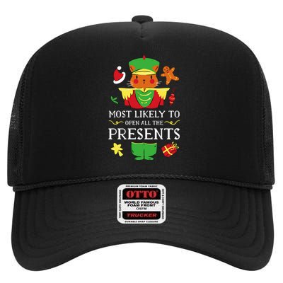 Most Likely To Open All The Presents Funny Christmas Cat Santa High Crown Mesh Back Trucker Hat