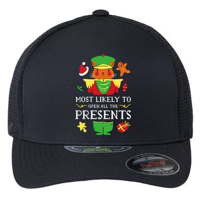 Most Likely To Open All The Presents Funny Christmas Cat Santa Flexfit Unipanel Trucker Cap