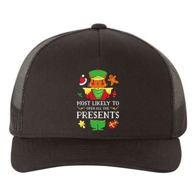 Most Likely To Open All The Presents Funny Christmas Cat Santa Yupoong Adult 5-Panel Trucker Hat