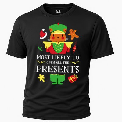 Most Likely To Open All The Presents Funny Christmas Cat Santa Performance Shirt