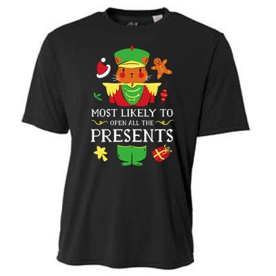 Most Likely To Open All The Presents Funny Christmas Cat Santa Cooling Performance Crew T-Shirt