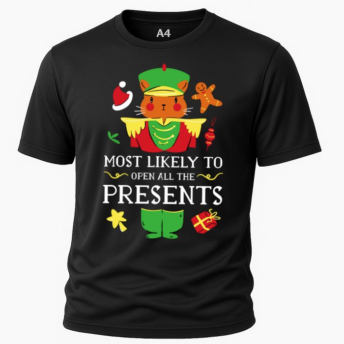Most Likely To Open All The Presents Funny Christmas Cat Santa Performance Shirt