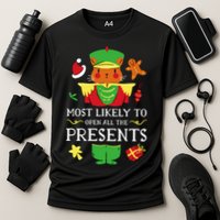 Most Likely To Open All The Presents Funny Christmas Cat Santa Performance Shirt
