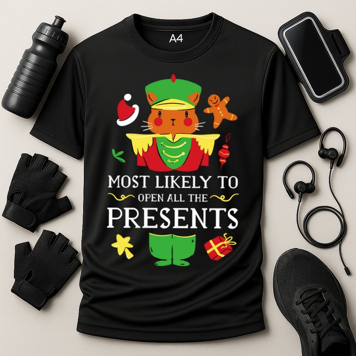 Most Likely To Open All The Presents Funny Christmas Cat Santa Performance Shirt