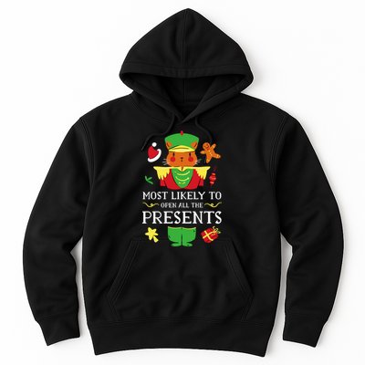 Most Likely To Open All The Presents Funny Christmas Cat Santa Hoodie