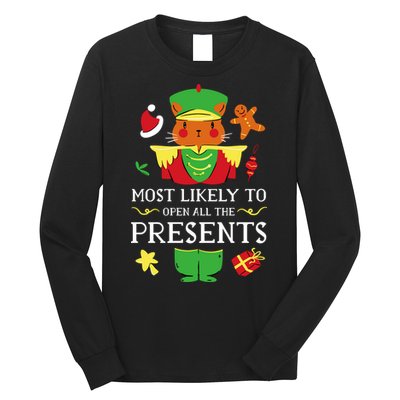 Most Likely To Open All The Presents Funny Christmas Cat Santa Long Sleeve Shirt