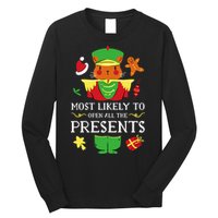 Most Likely To Open All The Presents Funny Christmas Cat Santa Long Sleeve Shirt