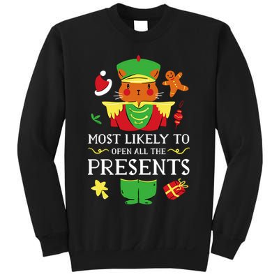 Most Likely To Open All The Presents Funny Christmas Cat Santa Sweatshirt