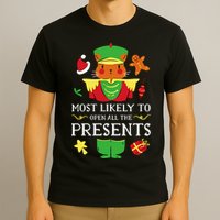Most Likely To Open All The Presents Funny Christmas Cat Santa T-Shirt