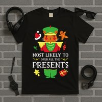 Most Likely To Open All The Presents Funny Christmas Cat Santa T-Shirt