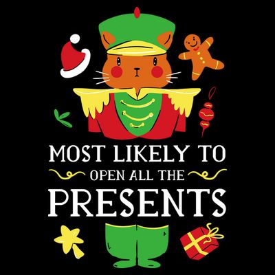 Most Likely To Open All The Presents Funny Christmas Cat Santa T-Shirt