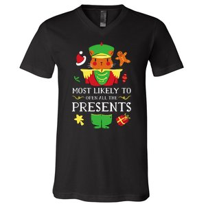 Most Likely To Open All The Presents Funny Christmas Cat Santa V-Neck T-Shirt