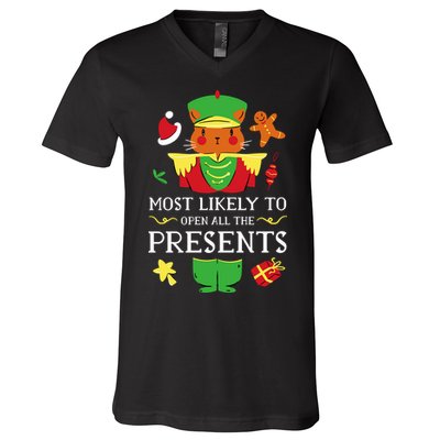 Most Likely To Open All The Presents Funny Christmas Cat Santa V-Neck T-Shirt