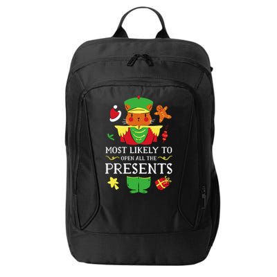 Most Likely To Open All The Presents Funny Christmas Cat Santa City Backpack