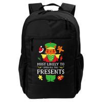 Most Likely To Open All The Presents Funny Christmas Cat Santa Backpack