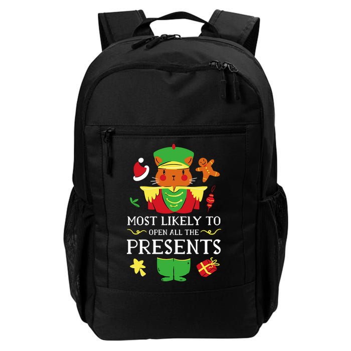 Most Likely To Open All The Presents Funny Christmas Cat Santa Backpack