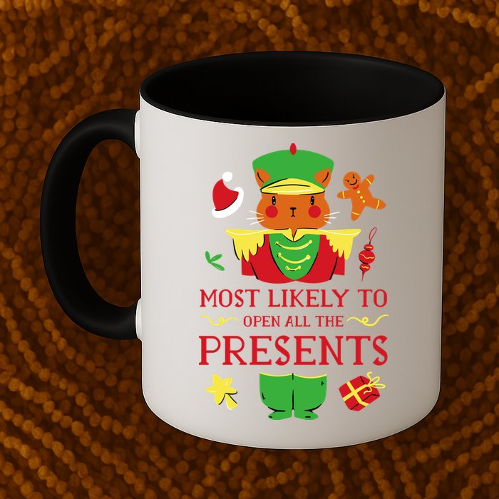 Most Likely To Open All The Presents Funny Christmas Cat Santa Mug