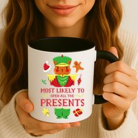 Most Likely To Open All The Presents Funny Christmas Cat Santa Mug