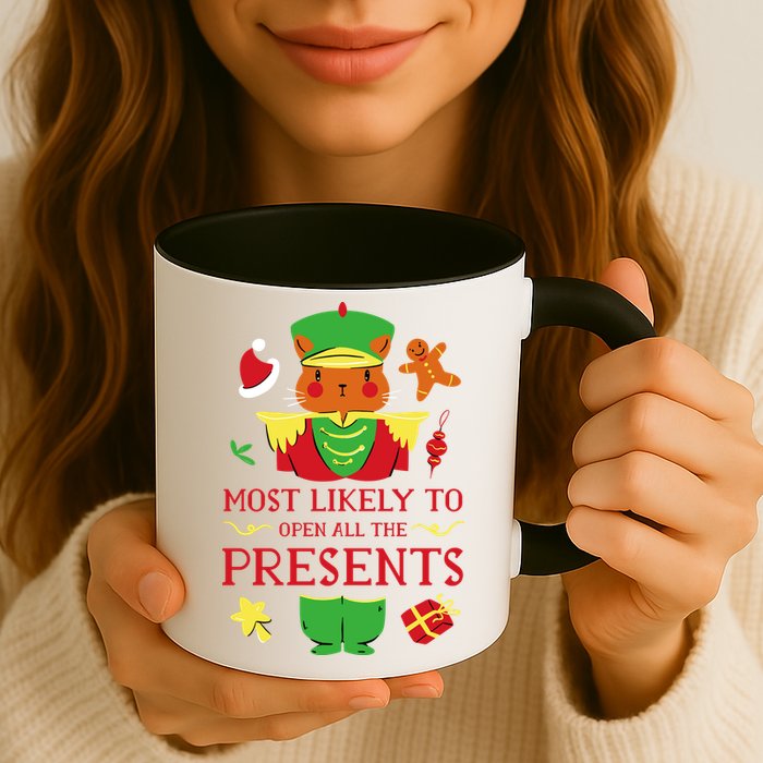 Most Likely To Open All The Presents Funny Christmas Cat Santa Mug