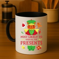 Most Likely To Open All The Presents Funny Christmas Cat Santa Mug