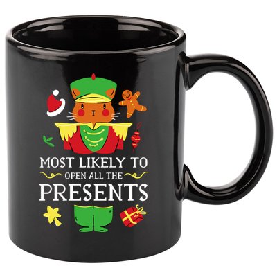 Most Likely To Open All The Presents Funny Christmas Cat Santa 11oz C Handle Ceramic Mug