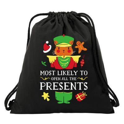 Most Likely To Open All The Presents Funny Christmas Cat Santa Drawstring Bag