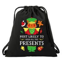Most Likely To Open All The Presents Funny Christmas Cat Santa Drawstring Bag