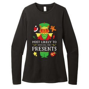 Most Likely To Open All The Presents Funny Christmas Cat Santa Womens CVC Long Sleeve Shirt