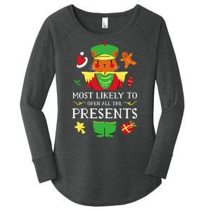 Most Likely To Open All The Presents Funny Christmas Cat Santa Women's Perfect Tri Tunic Long Sleeve Shirt