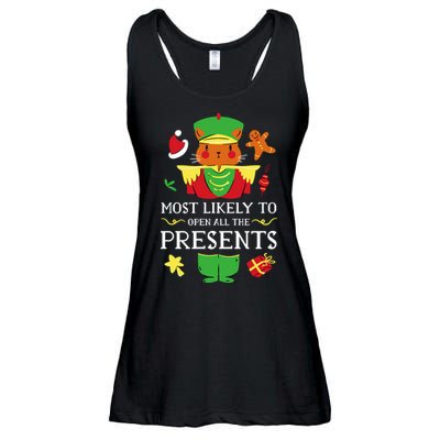 Most Likely To Open All The Presents Funny Christmas Cat Santa Ladies Essential Flowy Tank