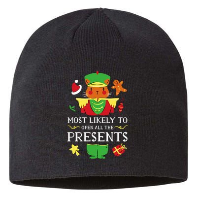 Most Likely To Open All The Presents Funny Christmas Cat Santa Sustainable Beanie