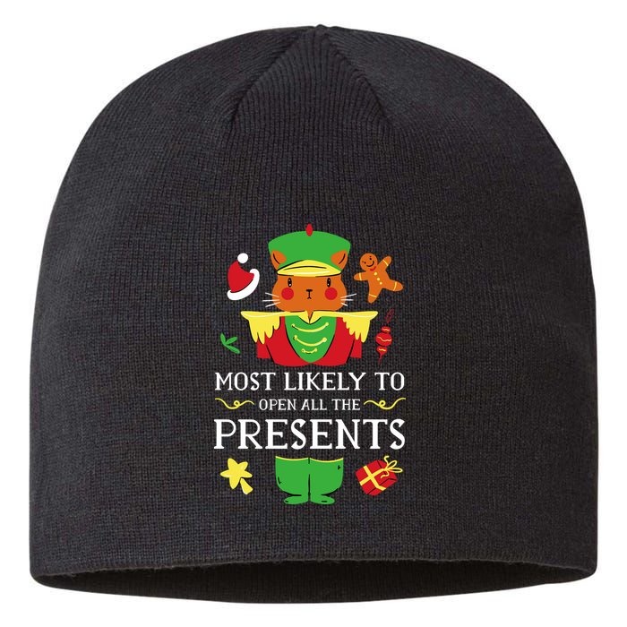 Most Likely To Open All The Presents Funny Christmas Cat Santa Sustainable Beanie