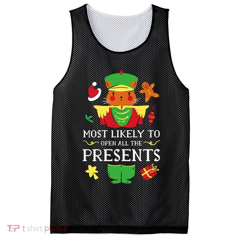 Most Likely To Open All The Presents Funny Christmas Cat Santa Mesh Reversible Basketball Jersey Tank