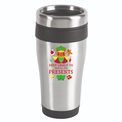 Most Likely To Open All The Presents Funny Christmas Cat Santa 16oz Travel Tumbler
