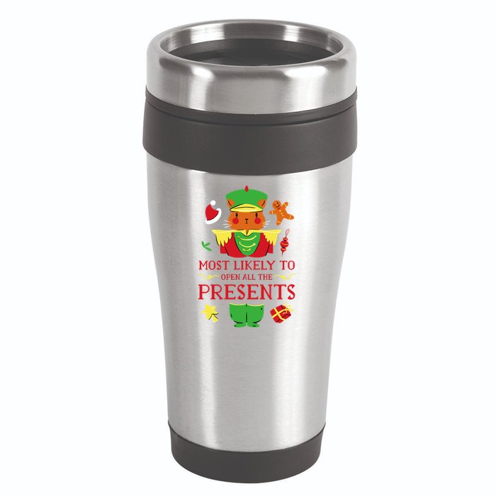 Most Likely To Open All The Presents Funny Christmas Cat Santa 16oz Travel Tumbler
