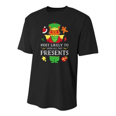 Most Likely To Open All The Presents Funny Christmas Cat Santa Youth Performance Sprint T-Shirt