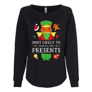 Most Likely To Open All The Presents Funny Christmas Cat Santa Womens California Wash Sweatshirt