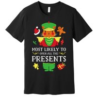 Most Likely To Open All The Presents Funny Christmas Cat Santa Premium T-Shirt
