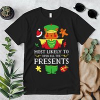 Most Likely To Open All The Presents Funny Christmas Cat Santa Premium T-Shirt