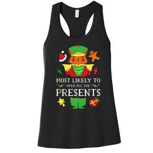 Most Likely To Open All The Presents Funny Christmas Cat Santa Women's Racerback Tank