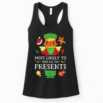 Most Likely To Open All The Presents Funny Christmas Cat Santa Womens Tank Top